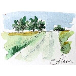 ACEO Landscape Painting Watercolor Ink Country Path Road Sky Grn Field Signed